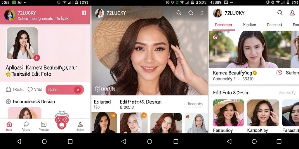 Tampilan antarmuka utama 72LUCKY dengan fitur Kamera Beautify.
