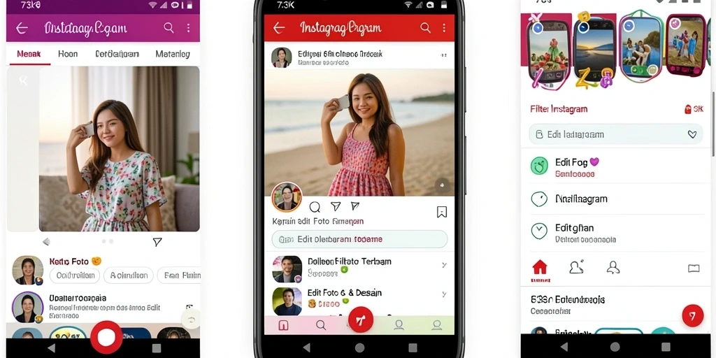Antarmuka aplikasi 73K dengan berbagai pilihan filter Instagram.