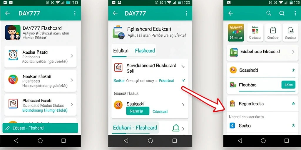 Tampilan antarmuka aplikasi <strong>DAY777</strong> dengan berbagai pilihan kartu pembelajaran.