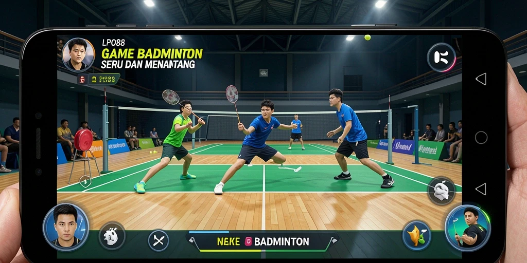 Antarmuka LPO88 dengan karakter badminton dalam aksi dinamis.