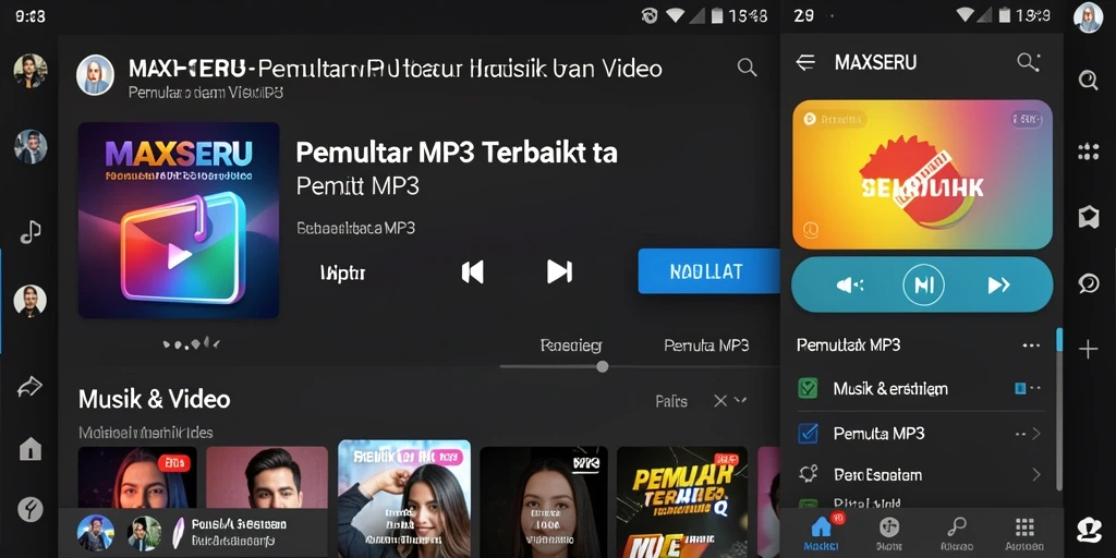 Antarmuka penggunaan aplikasi MAXSERU Pemutar MP3 yang menarik dan mudah diaplikasikan.