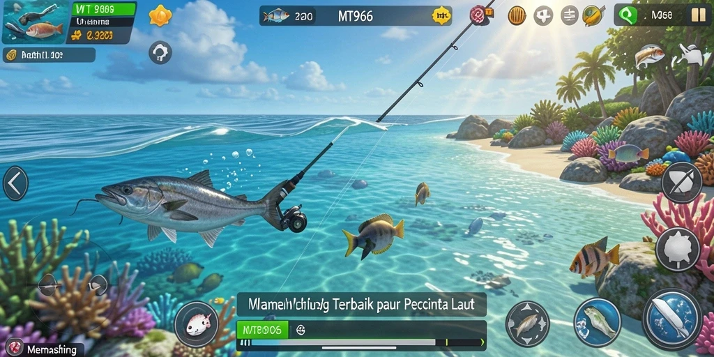 Antarmuka game Memancing MT966 menampilkan keindahan alam yang realistis.