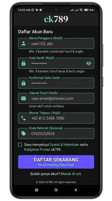 Registrasi Akun Baru ck789 Untuk Pengguna Android